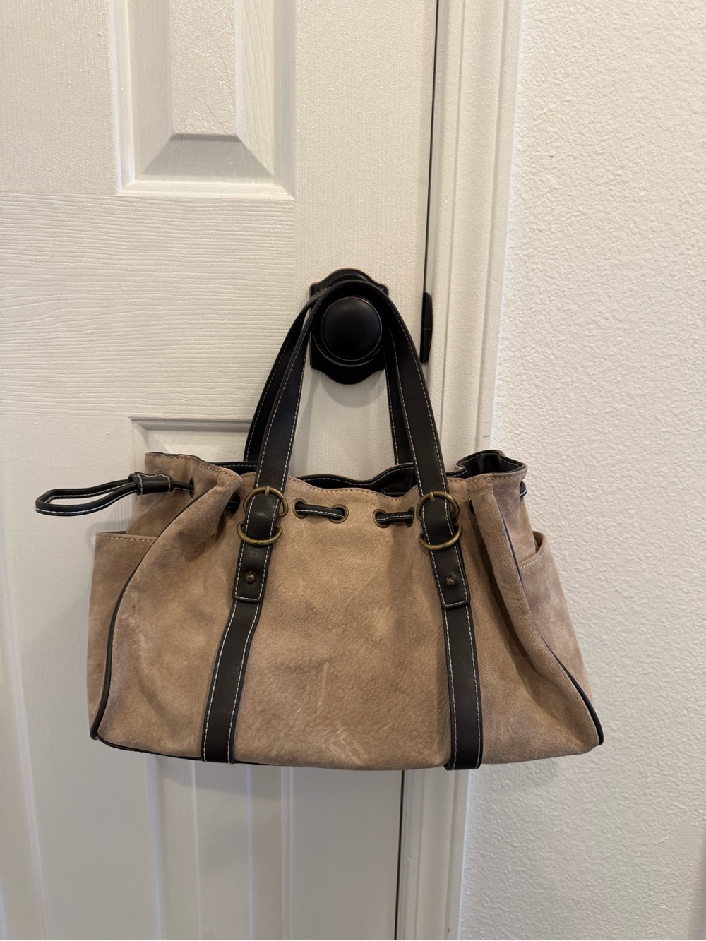 Mundi Two-Tone Taupe Suede Satchel with Black Trim